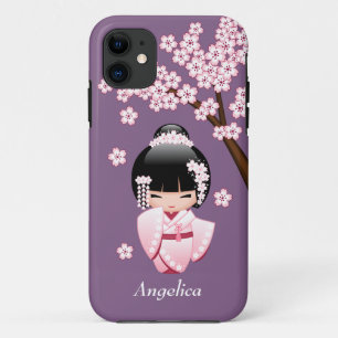 Pink Kimono Kawaii Kokeshi Doll on Purple iPhone 11 Case