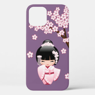 Pink Kimono Kawaii Kokeshi Doll on Purple iPhone 12 Case