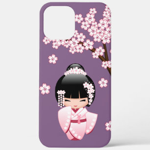 Pink Kimono Kawaii Kokeshi Doll on Purple iPhone 12 Pro Max Case