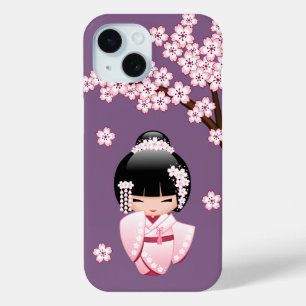 Pink Kimono Kawaii Kokeshi Doll on Purple iPhone 15 Case