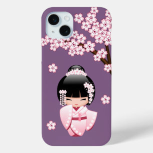 Pink Kimono Kawaii Kokeshi Doll on Purple iPhone 15 Mini Case