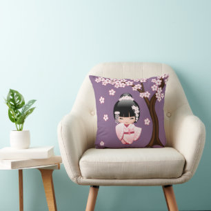 Pink Kimono Kawaii Kokeshi Doll on Purple Cushion