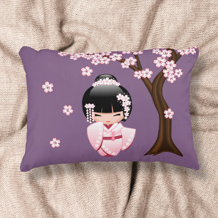 Pink Kimono Kawaii Kokeshi Doll on Purple Decorative Cushion