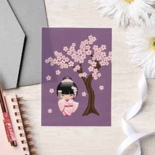 Pink Kimono Kawaii Kokeshi Doll on Purple Insert Vellum Invitations
