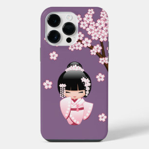Pink Kimono Kawaii Kokeshi Doll on Purple iPhone 14 Pro Max Case