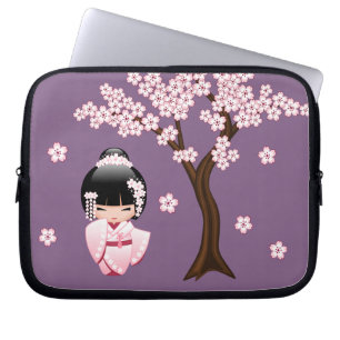 Pink Kimono Kawaii Kokeshi Doll on Purple Laptop Sleeve