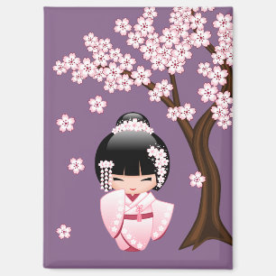 Pink Kimono Kawaii Kokeshi Doll on Purple Magnet