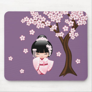 Pink Kimono Kawaii Kokeshi Doll on Purple Mouse Pad