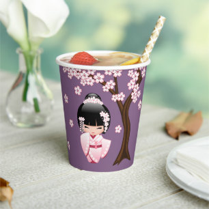 Pink Kimono Kawaii Kokeshi Doll on Purple Paper Cups