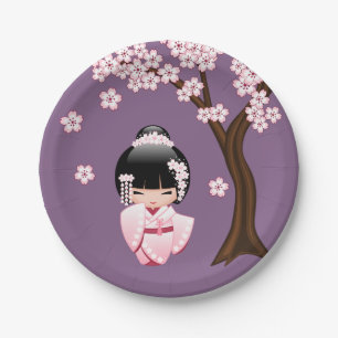 Pink Kimono Kawaii Kokeshi Doll on Purple Paper Plate
