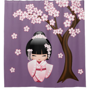 Pink Kimono Kawaii Kokeshi Doll on Purple Shower Curtain
