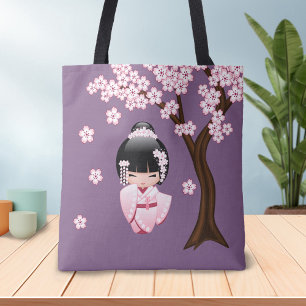 Pink Kimono Kawaii Kokeshi Doll on Purple Tote Bag