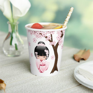 Pink Kimono Kawaii Kokeshi Doll Paper Cups