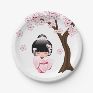 Pink Kimono Kawaii Kokeshi Doll Paper Plate