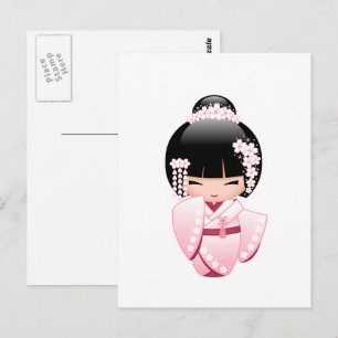 Pink Kimono Kawaii Kokeshi Doll Postcard
