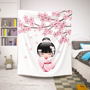 Pink Kimono Kawaii Kokeshi Doll Sherpa Blanket