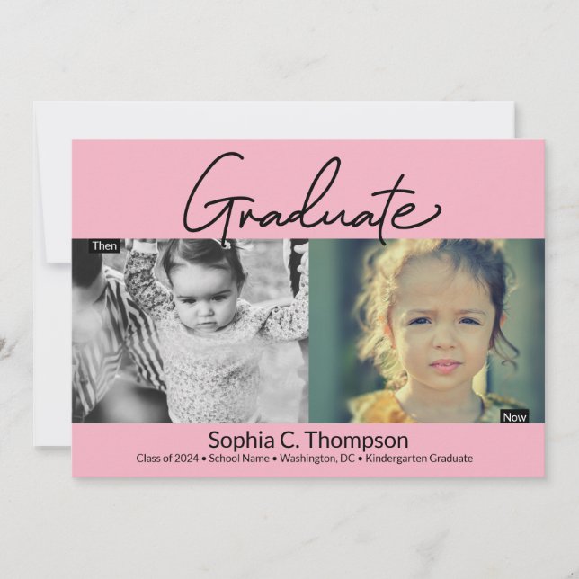 Pink Kindergarten Graduate photo Now and Then Announcement (Front)