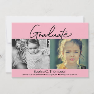 Pink Kindergarten Graduate photo Now and Then Announcement