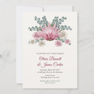 Pink King Protea and Eucalyptus Wedding Invite