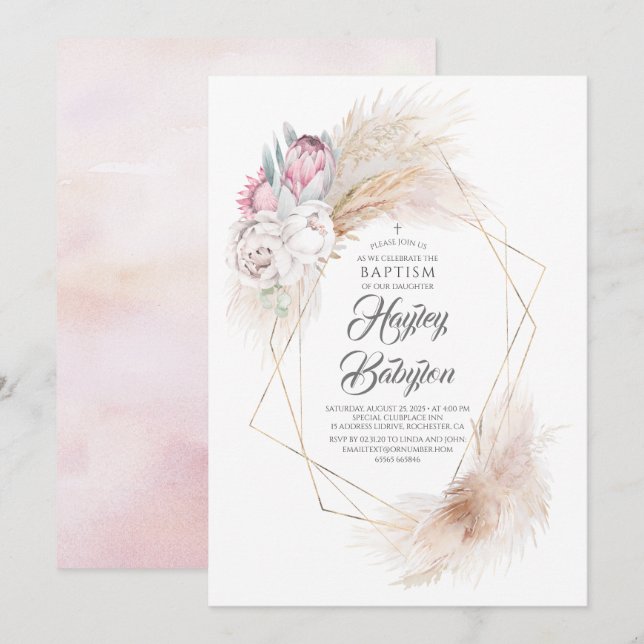 Pink King Protea Pampas Grass Floral Girls Baptism Invitation (Front/Back)