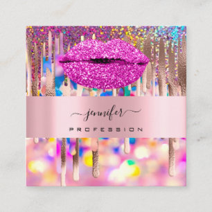 Pink KISS LIPMakeup Artist Unicorn Holograph Drips Square Business Card