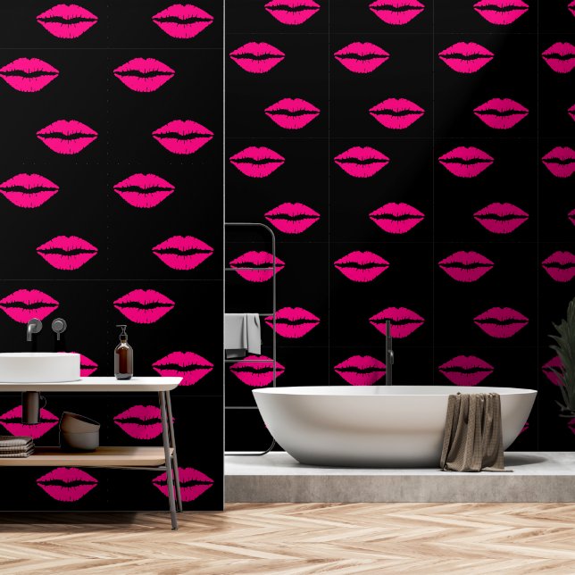 Pink Kiss Lips Custom Colour Black Wallpaper (Bathroom)