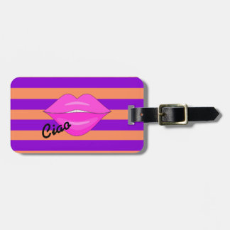 Pink kiss lips purple stripes luggage tag
