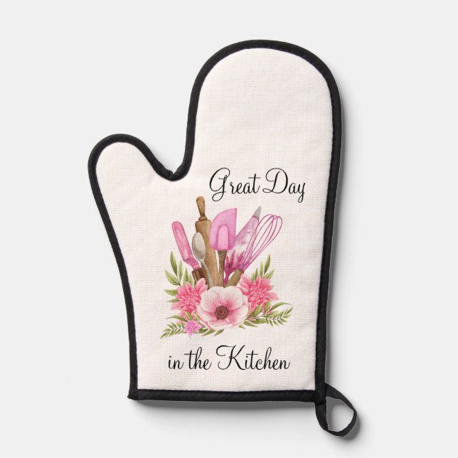 Pink Kitchen Utensils Flowers Oven Mitt Pot Holder (Front)