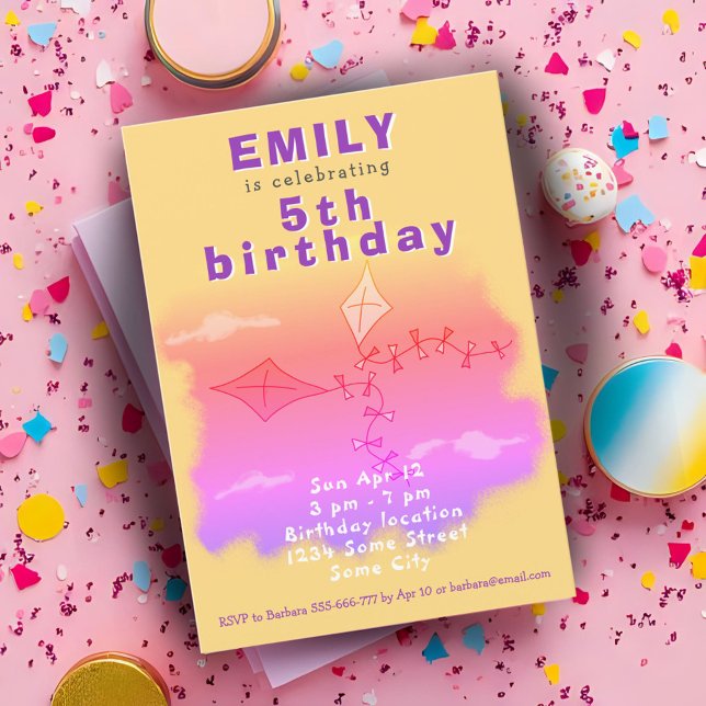 Pink Kites Drawing Kids Birthday Party Invitation (Creator Uploaded)