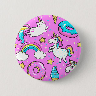 Pink Kitschy glittery funny unicorn and kitty 6 Cm Round Badge