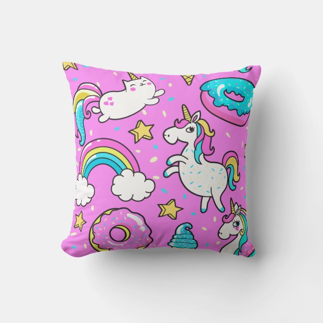 Pink Kitschy glittery funny unicorn and kitty Cushion (Front)