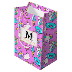 Pink Kitschy glittery funny unicorn and kitty Medium Gift Bag