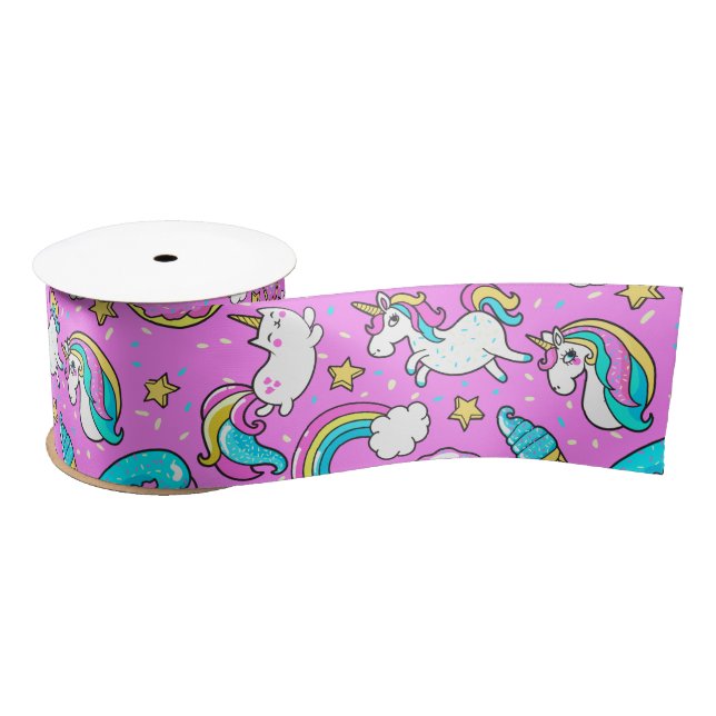 Pink Kitschy glittery funny unicorn and kitty Satin Ribbon (Spool)