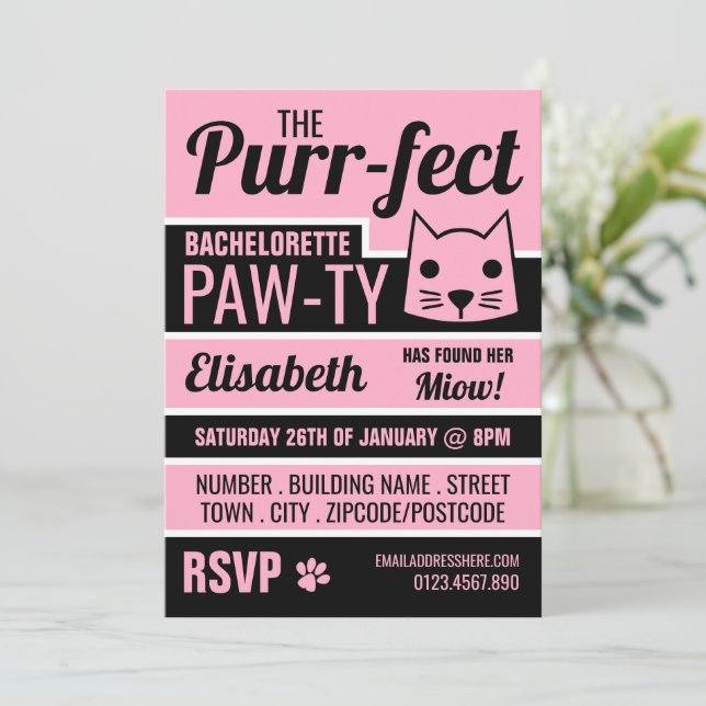 Pink Kitten Bachelorette Party Invitation (Standing Front)