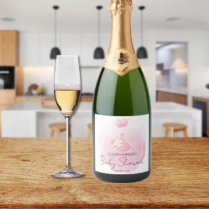 Pink Kitten Watercolor Baby Girl Shower Sparkling Wine Label