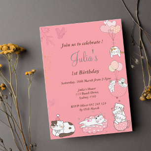 pink kitty baby girl birthday invitation