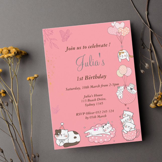 pink  kitty baby girl birthday  invitation (Creator Uploaded)