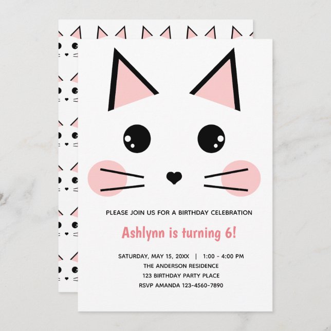 Pink Kitty Cat Birthday Invitation (Front/Back)