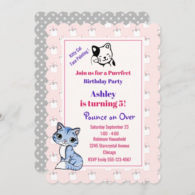Pink Kitty Cat Theme Birthday Party Invitation (Front/Back)