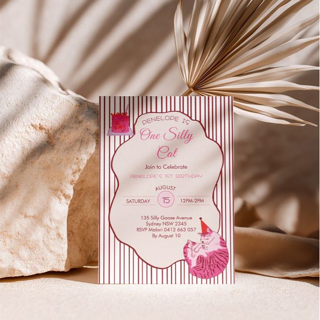 Pink Kitty Party One Silly Cat 1st Birthday Invitation (Creator Uploaded)