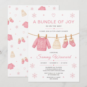 Pink Knitted Clothesline Winter Baby Shower Invitation