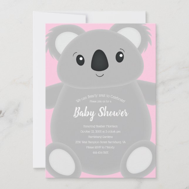 Pink Koala Bear Baby Shower Invitation (Front)