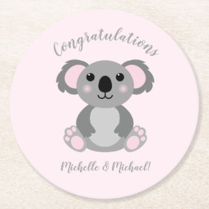Pink Koala Bear Baby Shower Round Paper Coaster