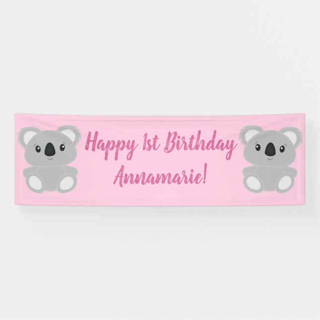 Pink Koala Bear Birthday Party Banner (Horizontal)