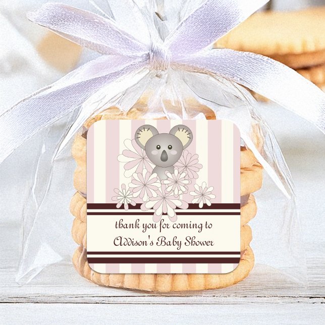 Pink Koala Kids Party Favour / Girl Baby Shower Square Sticker (Creator Uploaded)