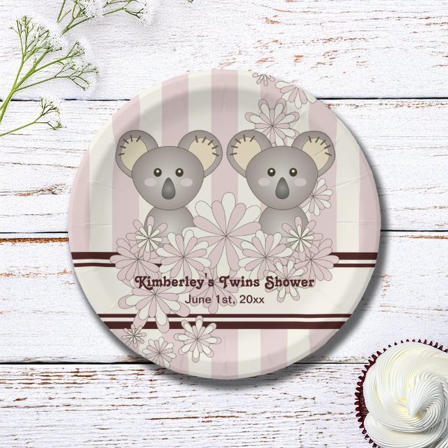 Pink Koala Twin Baby Shower / Kids Girl Birthday Paper Plate (Creator Uploaded)
