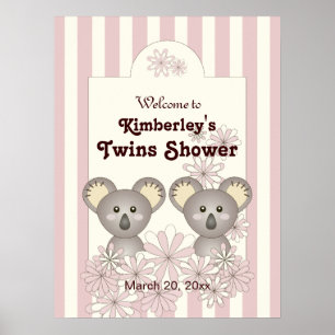 Pink Koala Twin Baby Shower Kids Girl Birthday Poster