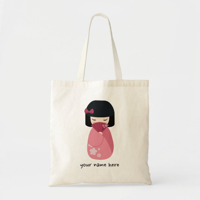 PINK Kokeshi Doll Cute Japanese Geisha Tote Bag (Front)