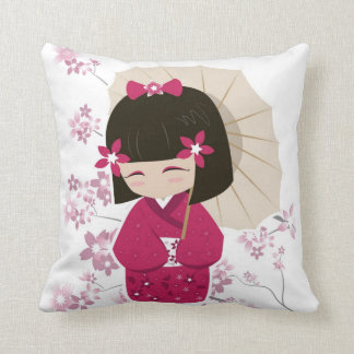 Pink Kokeshi Doll Pillow -White Background