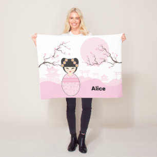 Pink Kokeshi Doll Typical Japanese Landscape Fleece Blanket